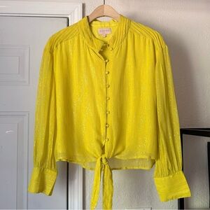 CIEBON yellow metallic striped long sleeve tie front button up blouse shirt